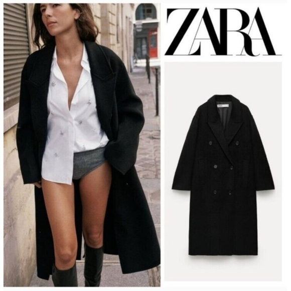 ZARA Double Faced Black Wool Blend Double Breasted Long Oversized Coat - Picture 2 of 13